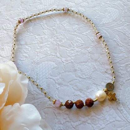 Grey Opaque Crystal with Goldstone  Rosary Bracelet