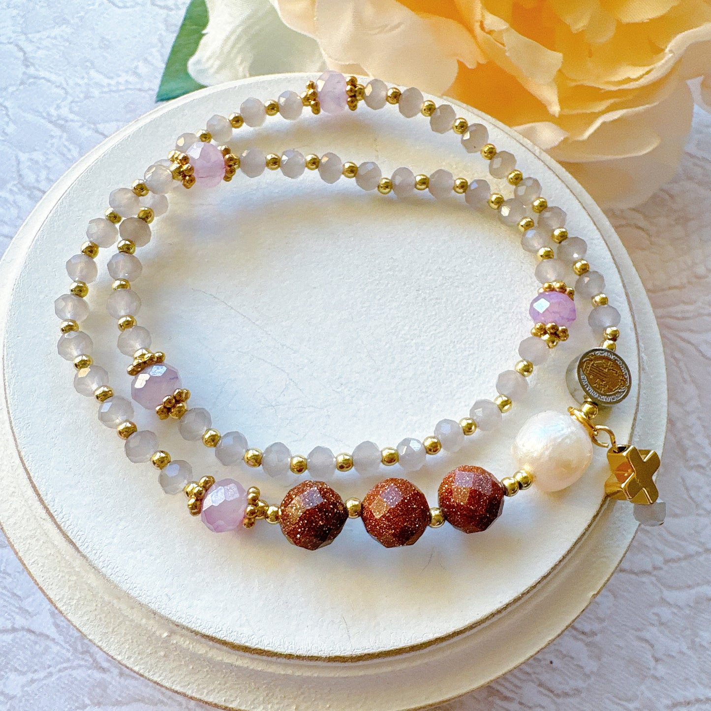 Grey Opaque Crystal with Goldstone  Rosary Bracelet