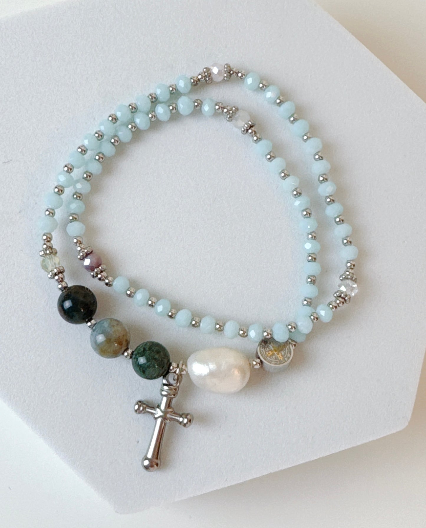 Sky blue Crystal with Multi Jasper Rosary Bracelet