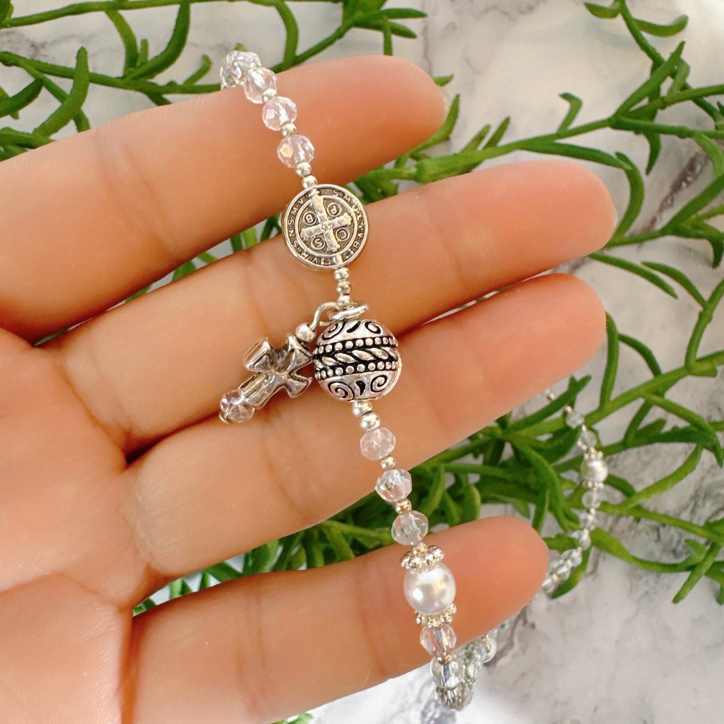 Clear Crystal  Silver Tone Rosary Bracelet