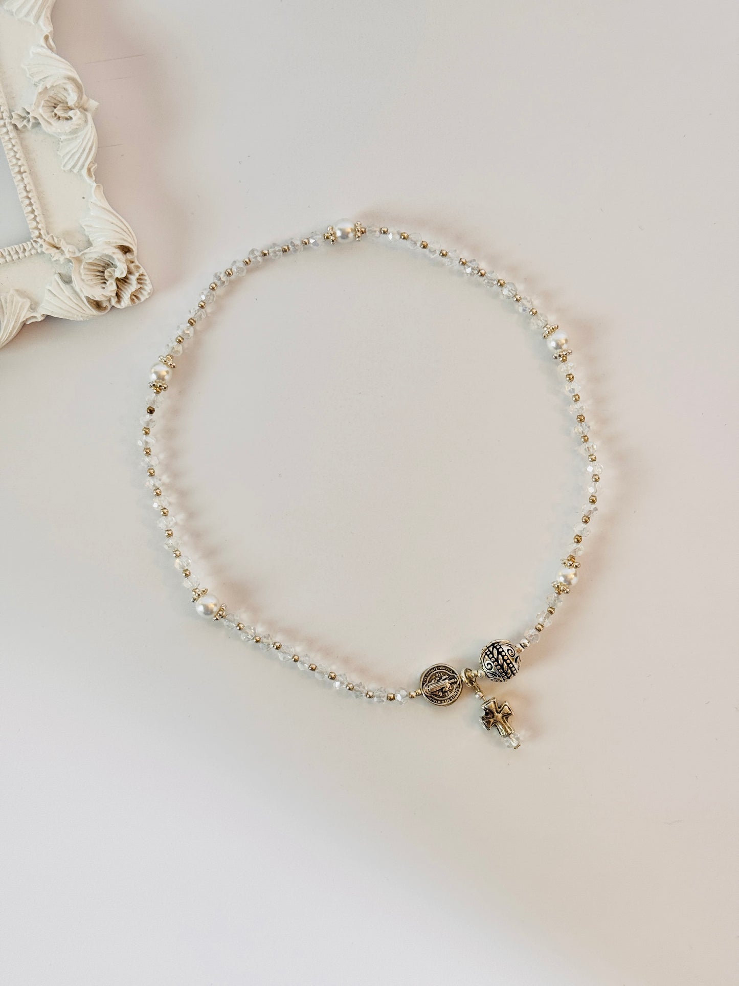 Clear Crystal  Silver Tone Rosary Bracelet