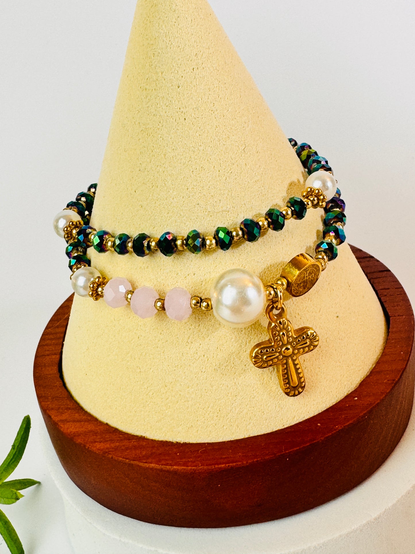 Metal Green Crystal with Pink Gemstone Rosary Bracelet