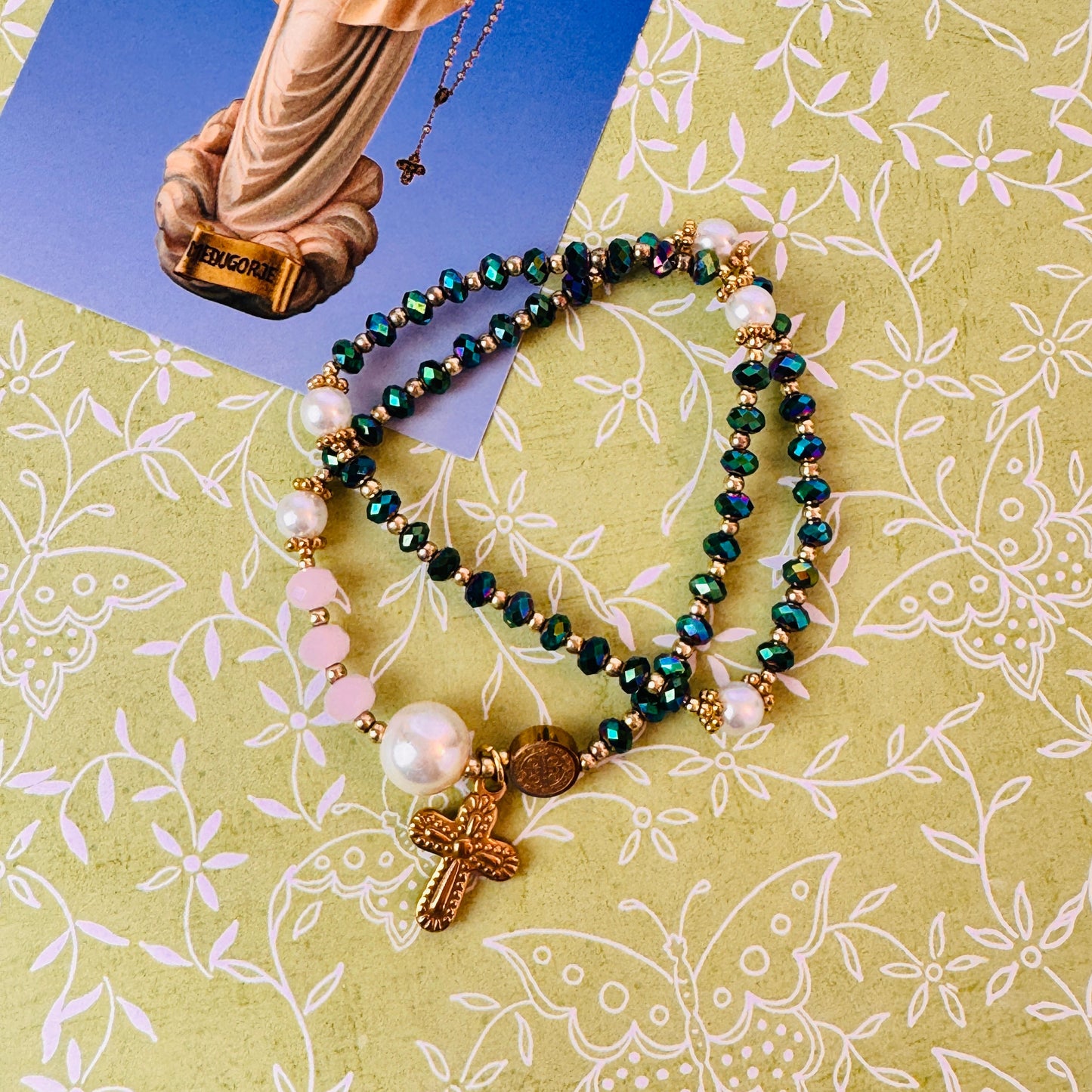 Metal Green Crystal with Pink Gemstone Rosary Bracelet