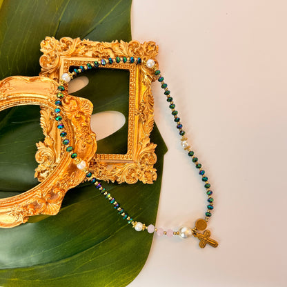 Metal Green Crystal with Pink Gemstone Rosary Bracelet