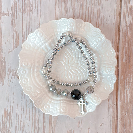 Silver Metallic Crystal Rosary Bracelet