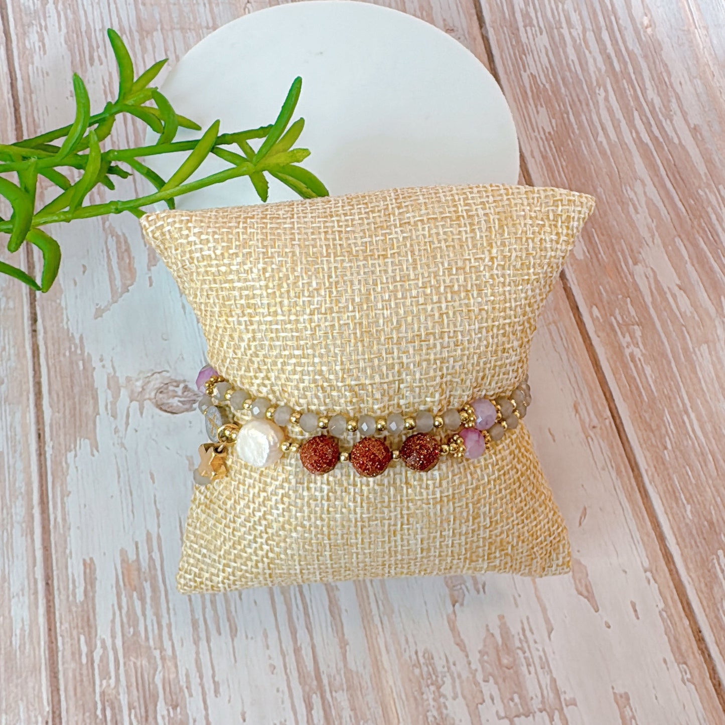 Grey Opaque Crystal with Goldstone  Rosary Bracelet