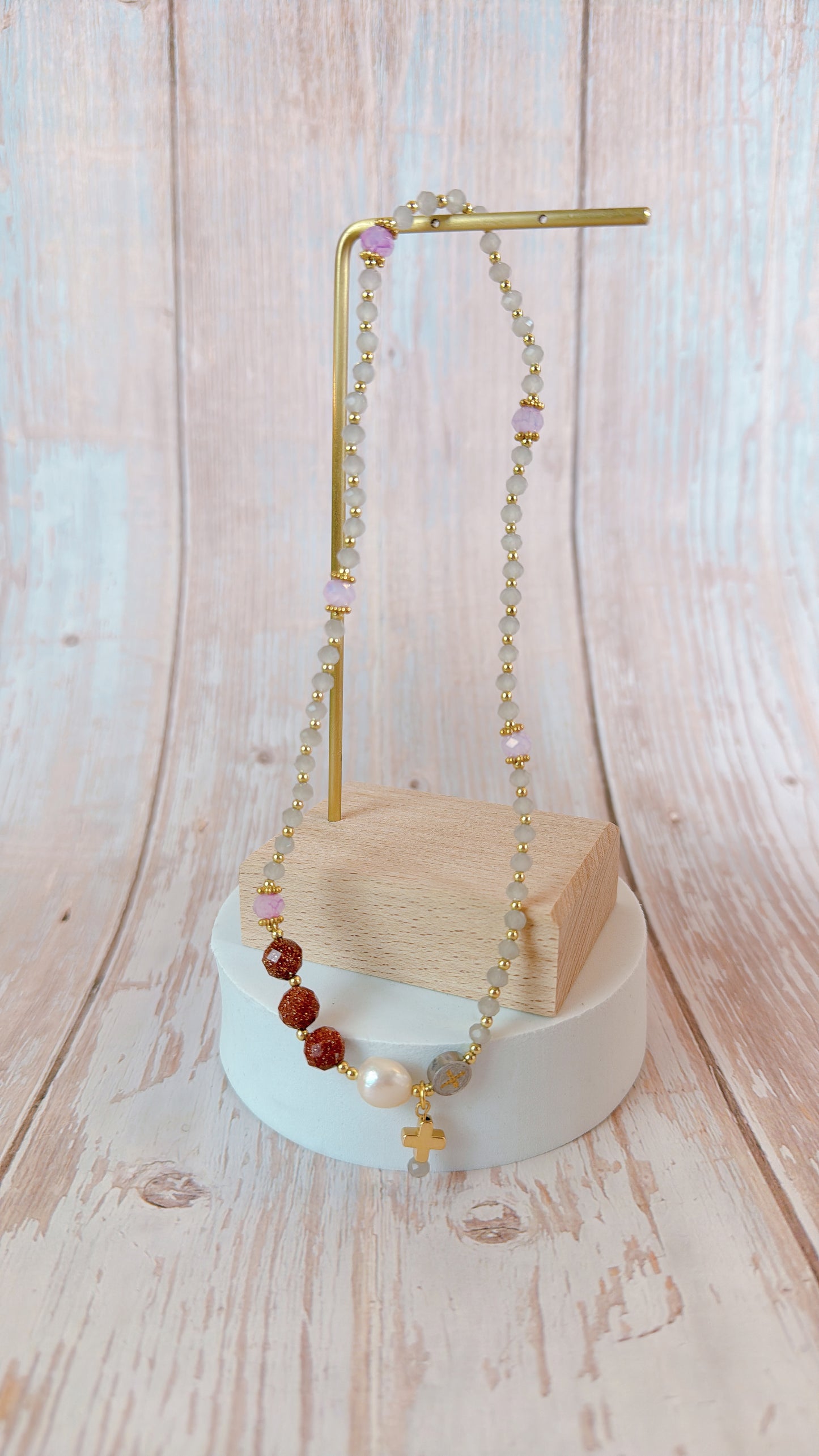 Grey Opaque Crystal with Goldstone  Rosary Bracelet