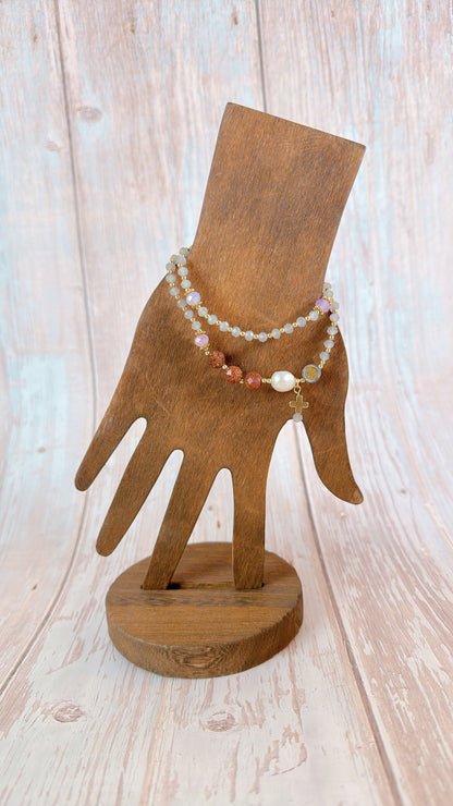 Grey Opaque Crystal with Goldstone  Rosary Bracelet