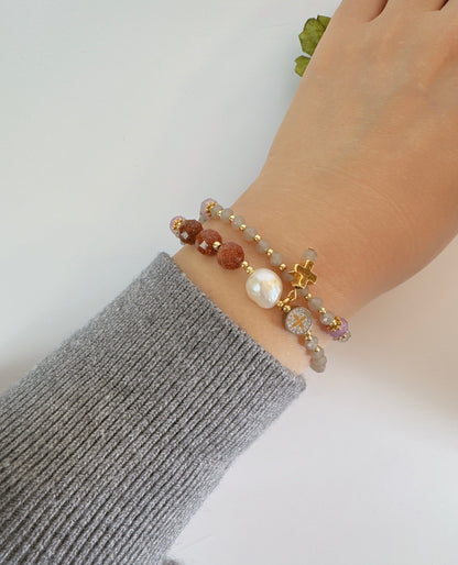 Grey Opaque Crystal with Goldstone  Rosary Bracelet