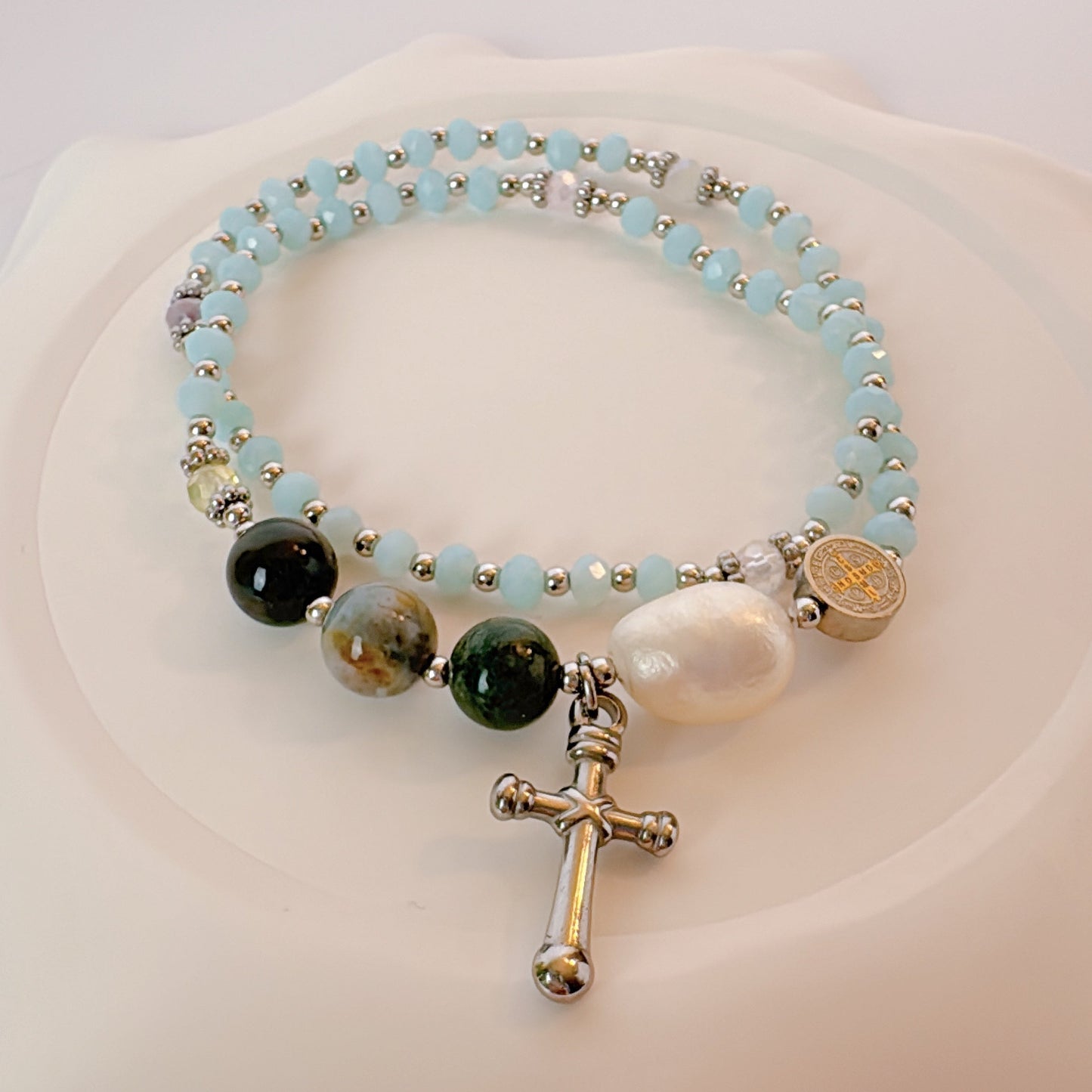 Sky blue Crystal with Multi Jasper Rosary Bracelet