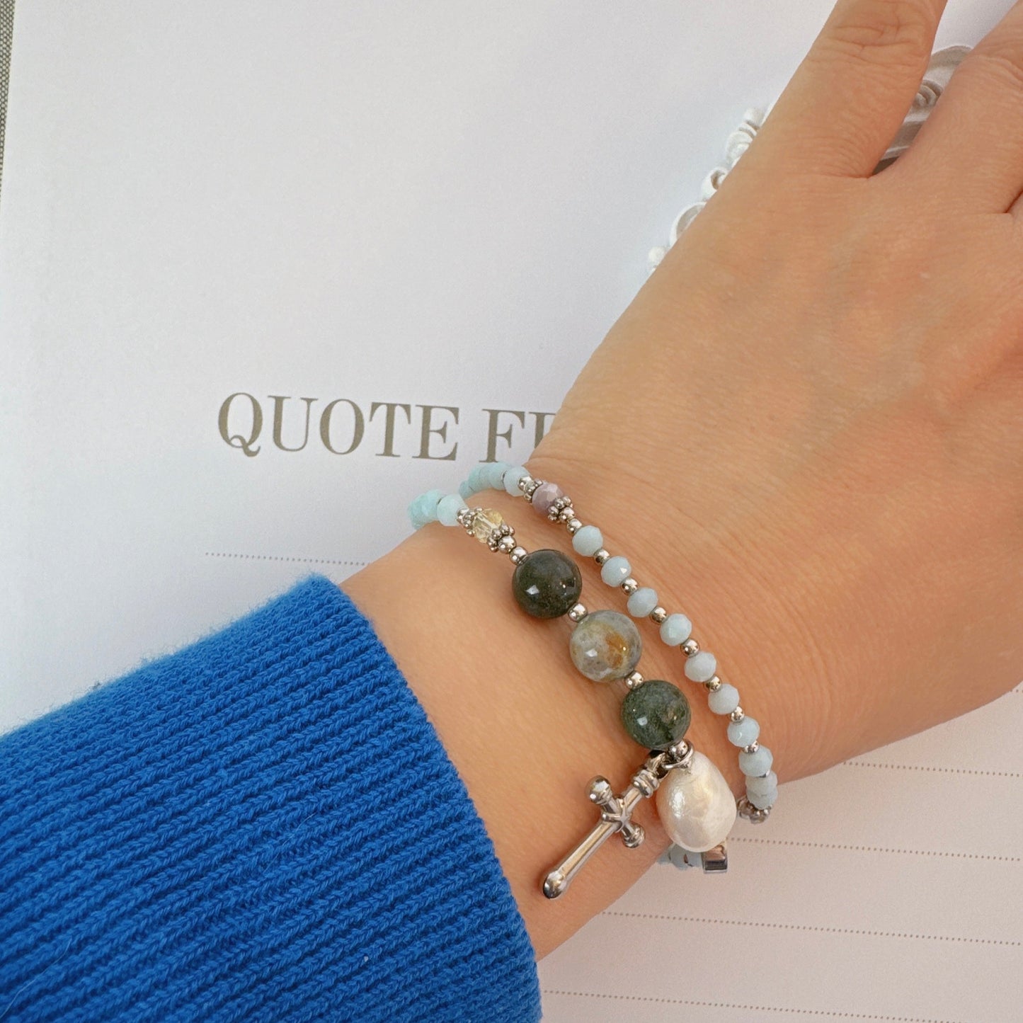 Sky blue Crystal with Multi Jasper Rosary Bracelet