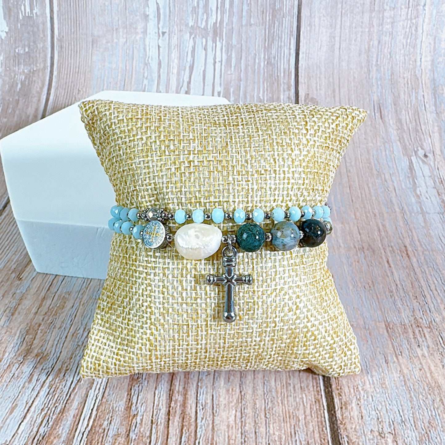 Sky blue Crystal with Multi Jasper Rosary Bracelet