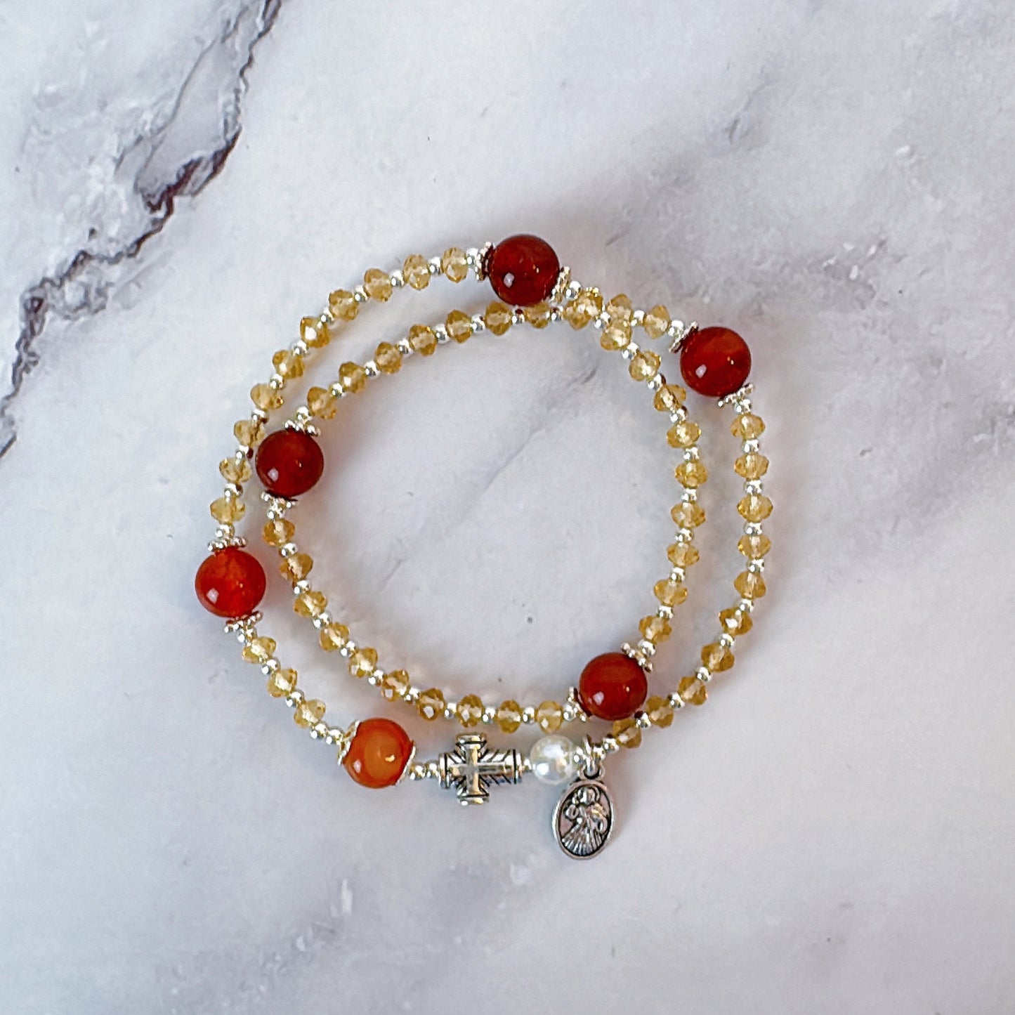 Clear Orange with Dark Orange Agate Rosary Bracelet