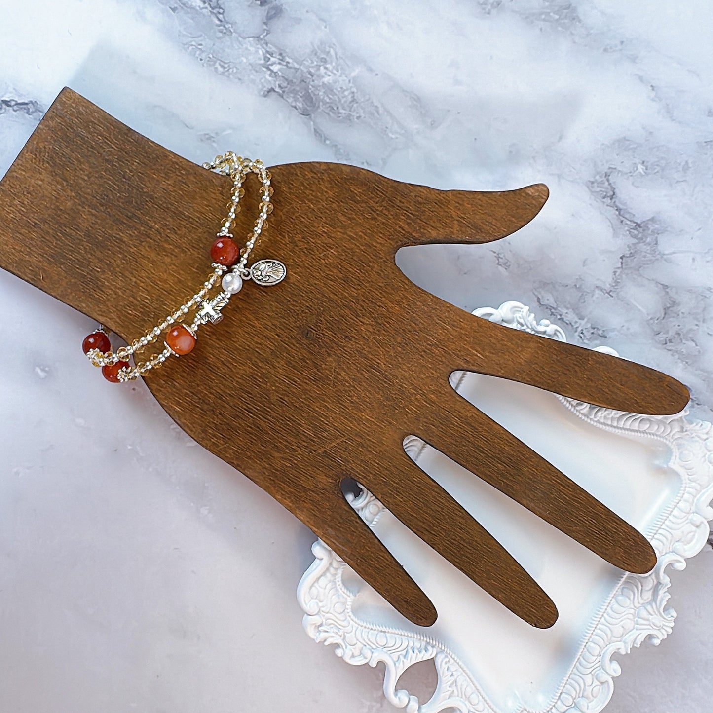 Clear Orange with Dark Orange Agate Rosary Bracelet