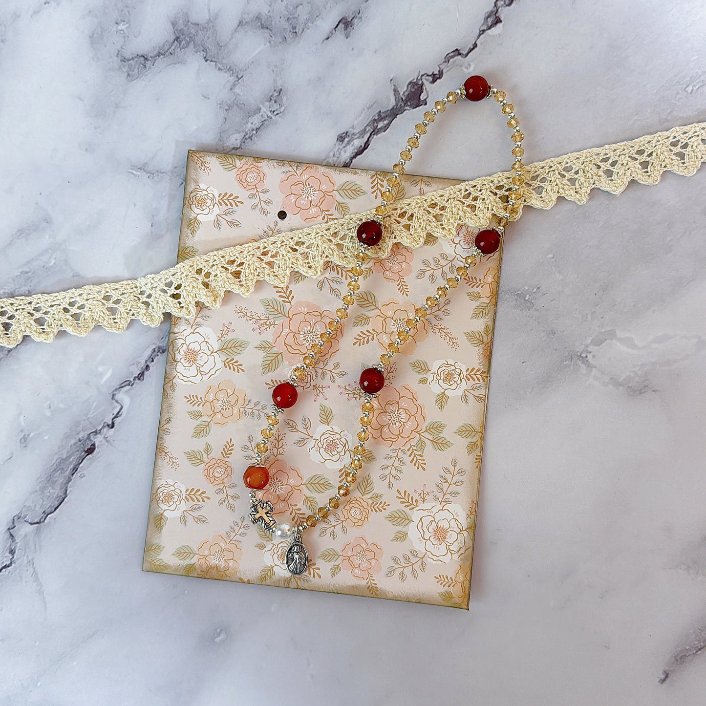 Clear Orange with Dark Orange Agate Rosary Bracelet