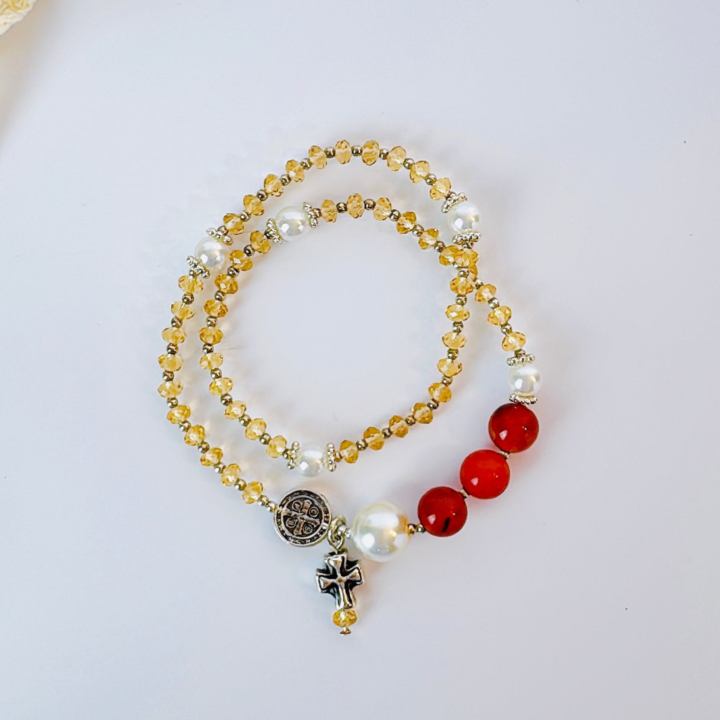 Clear Orange Crystal with Red Agate Rosary Bracelet