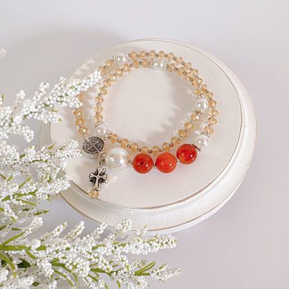 Clear Orange Crystal with Red Agate Rosary Bracelet