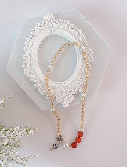 Clear Orange Crystal with Red Agate Rosary Bracelet