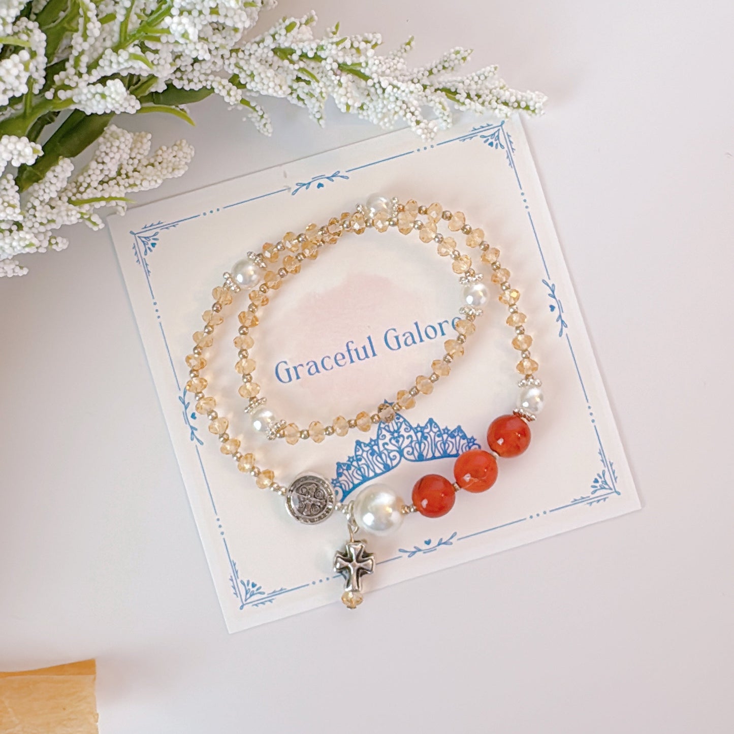 Clear Orange Crystal with Red Agate Rosary Bracelet