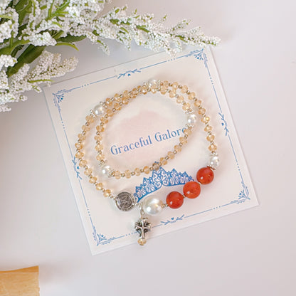 Clear Orange Crystal with Red Agate Rosary Bracelet