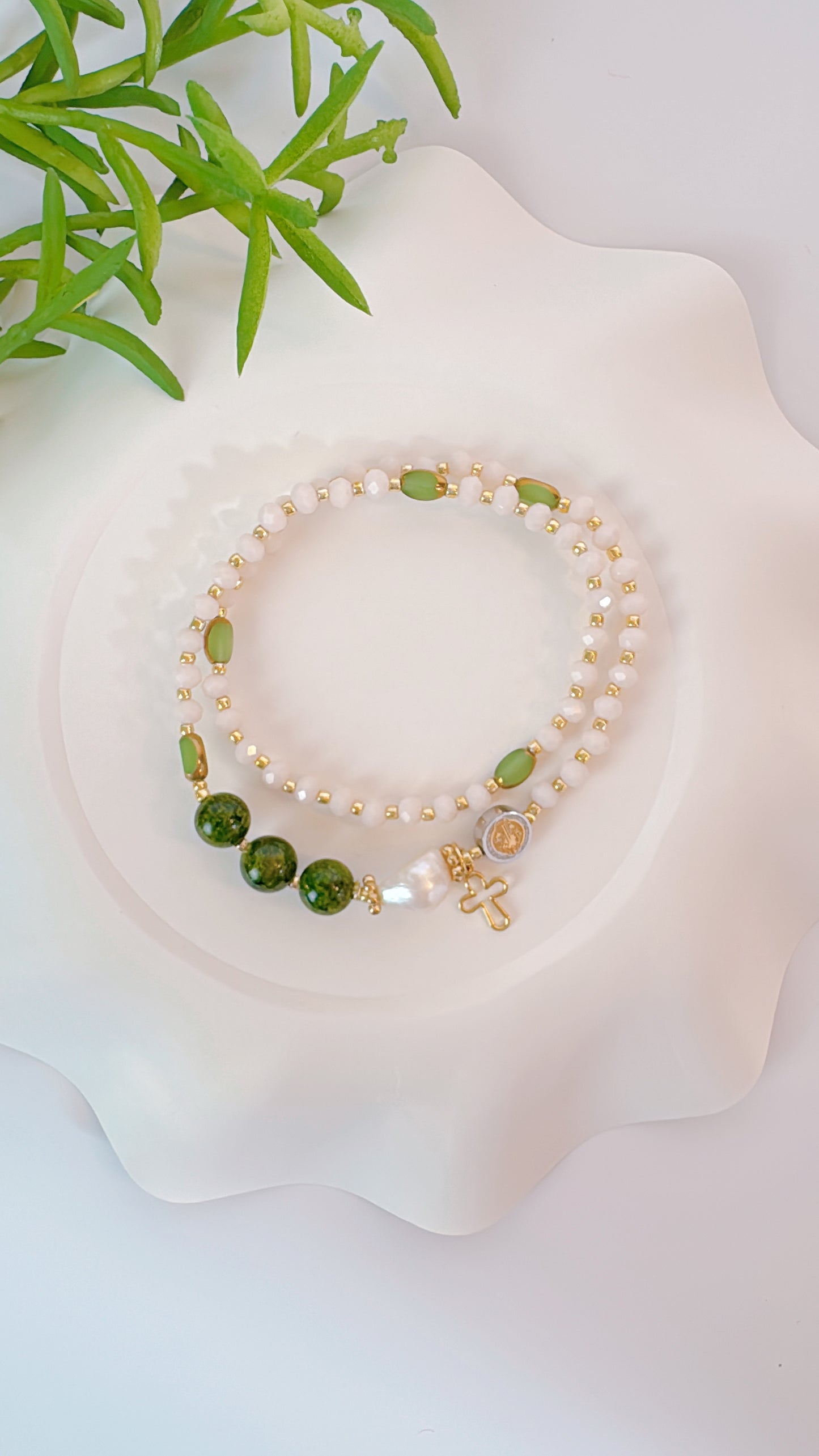 Cream Crystal with Green Jade Rosary Bracelet