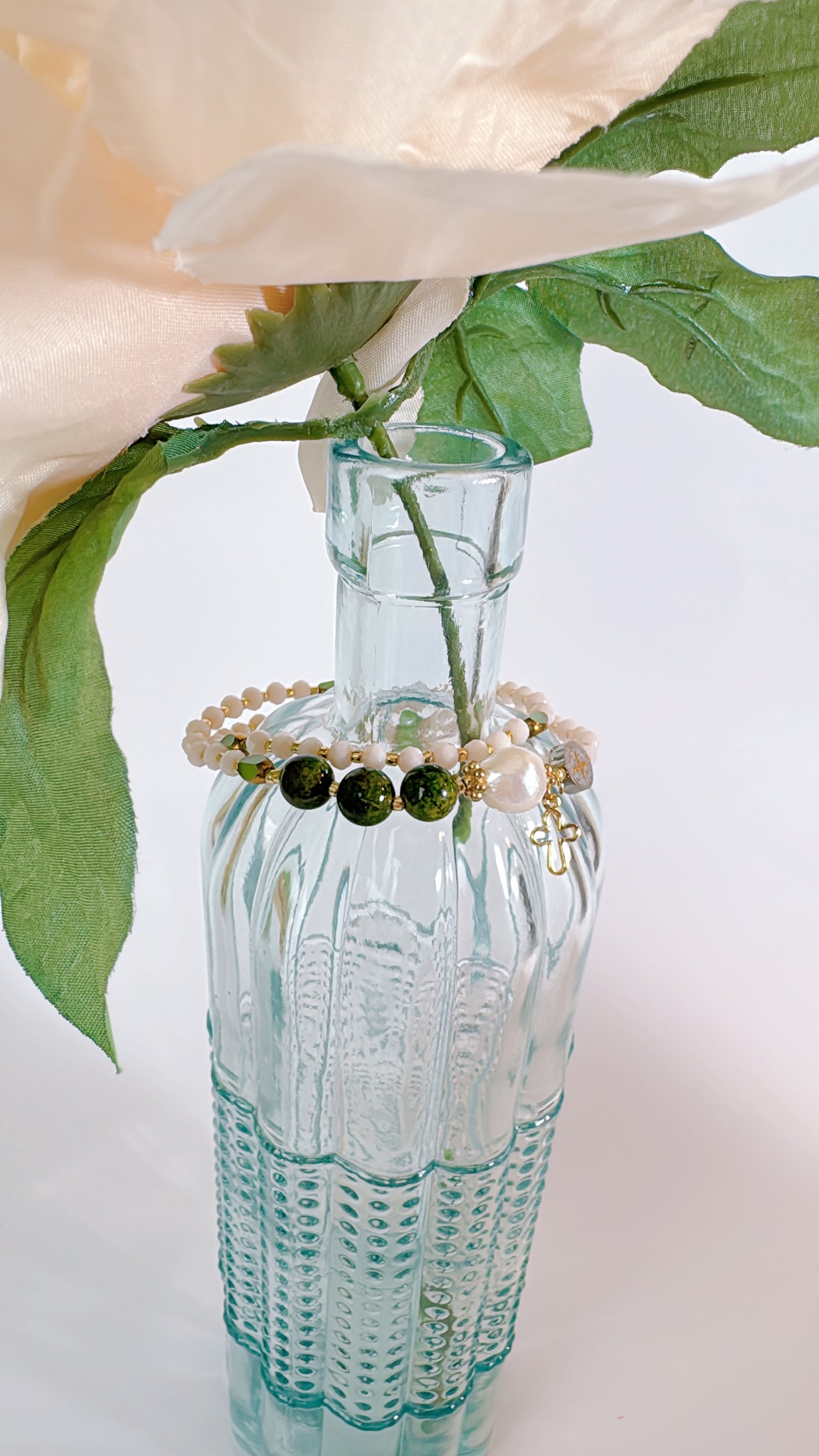 Cream Crystal with Green Jade Rosary Bracelet