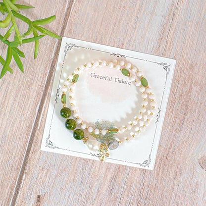 Cream Crystal with Green Jade Rosary Bracelet