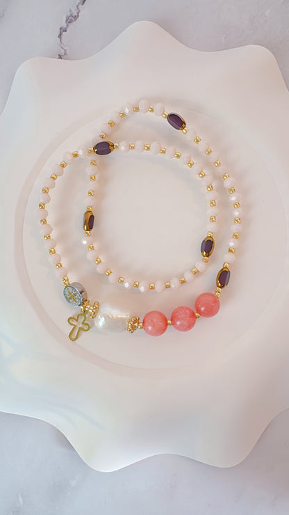 Cream Crystal with Pink Jade Rosary Bracelet