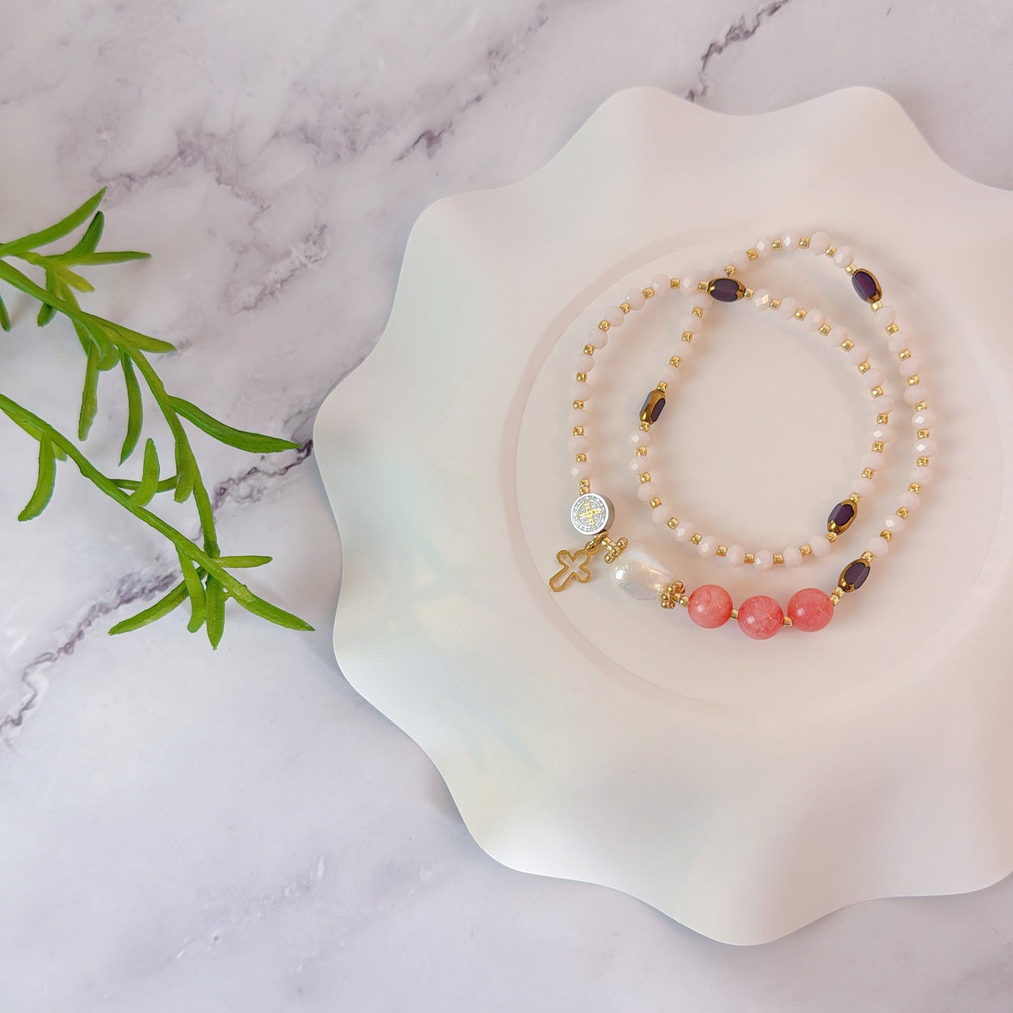 Cream Crystal with Pink Jade Rosary Bracelet