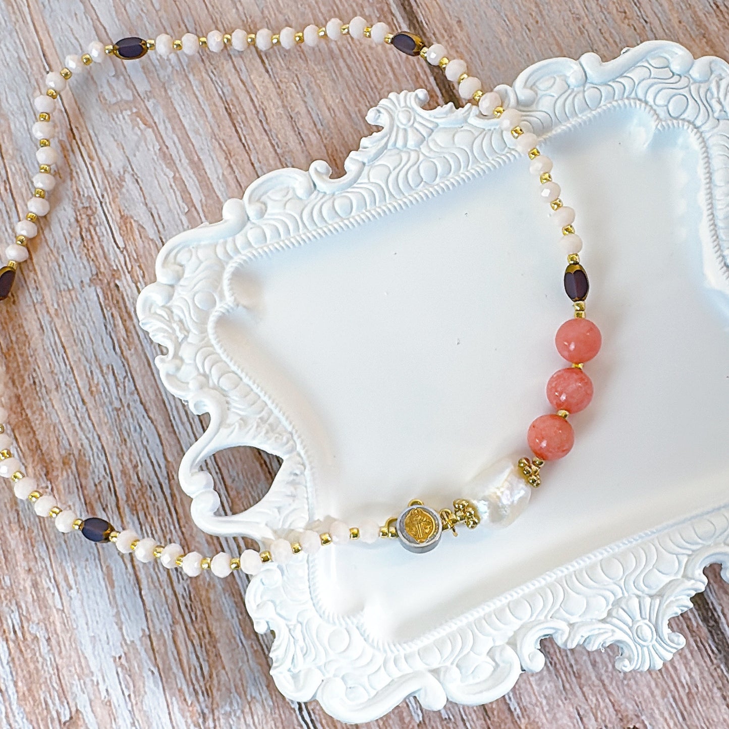 Cream Crystal with Pink Jade Rosary Bracelet