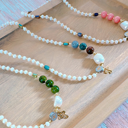 Cream Crystal with Green Jade Rosary Bracelet