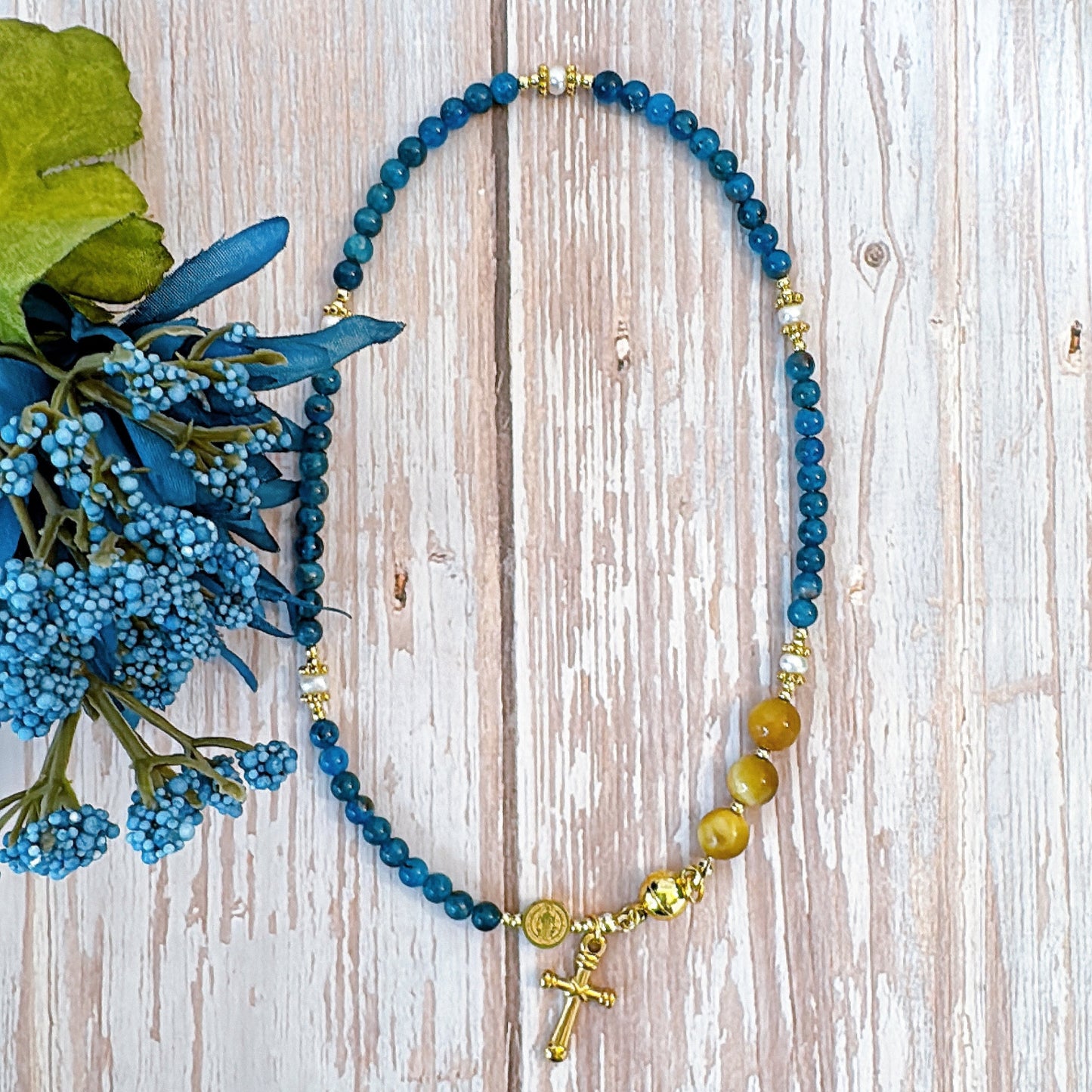 Blue Apatite with Yellow Tiger Eyes Magnetic Rosary Bracelet