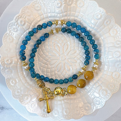 Blue Apatite with Yellow Tiger Eyes Magnetic Rosary Bracelet