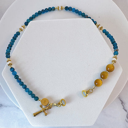 Blue Apatite with Yellow Tiger Eyes Magnetic Rosary Bracelet