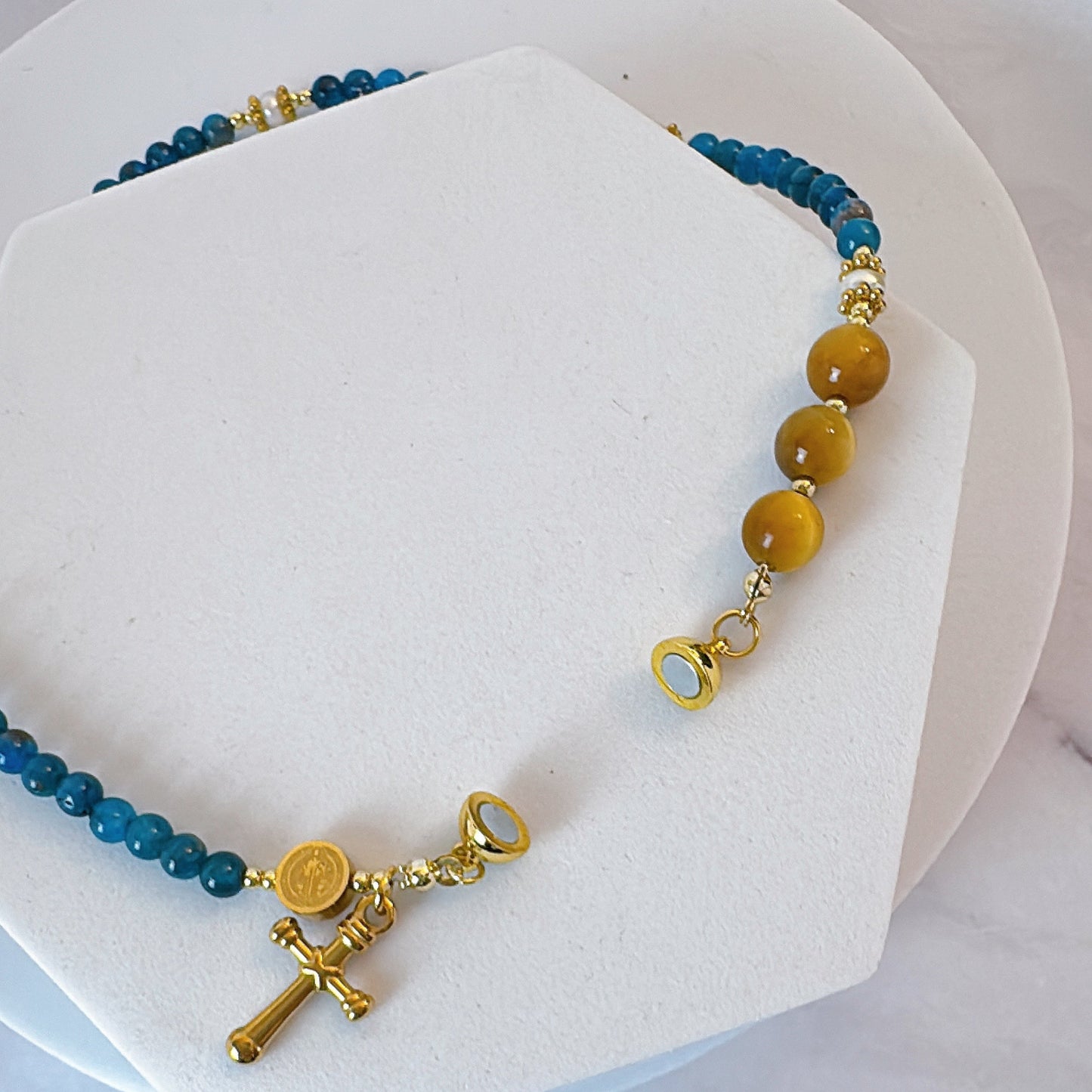 Blue Apatite with Yellow Tiger Eyes Magnetic Rosary Bracelet