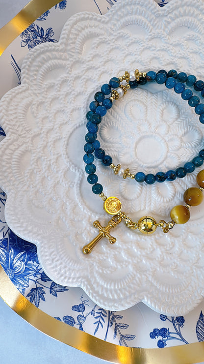 Blue Apatite with Yellow Tiger Eyes Magnetic Rosary Bracelet