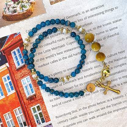 Blue Apatite with Yellow Tiger Eyes Magnetic Rosary Bracelet