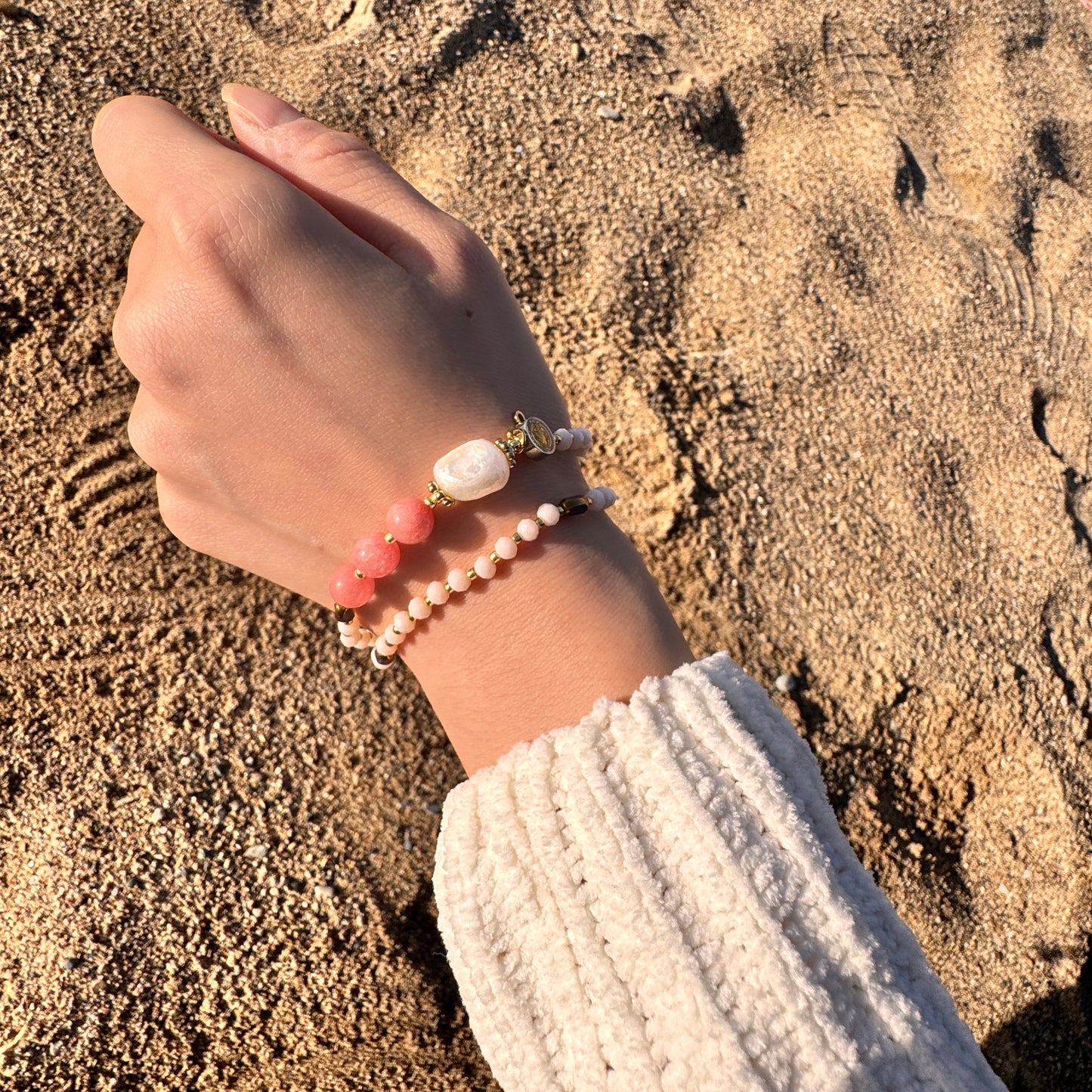 Cream Crystal with Pink Jade Rosary Bracelet