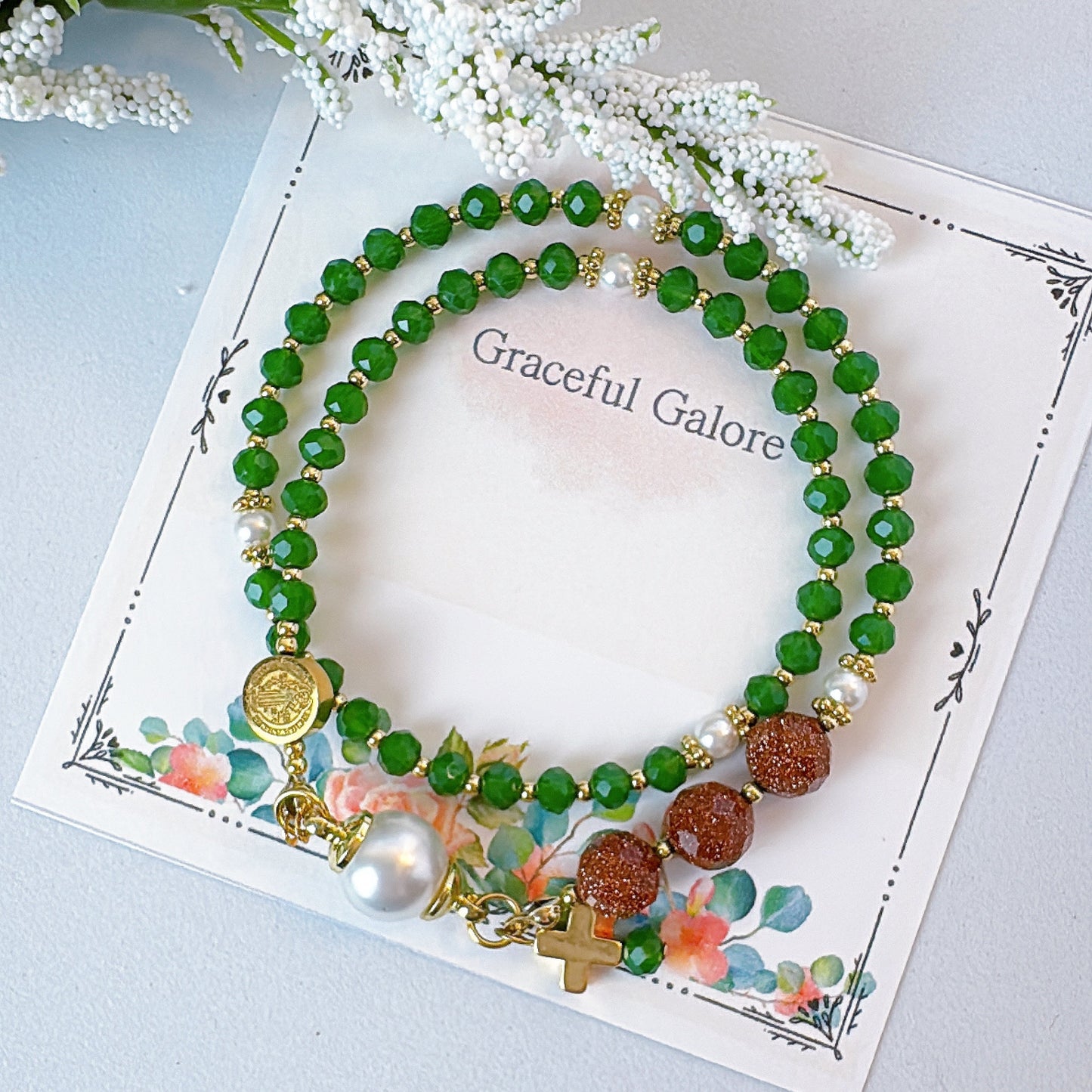 Jade Crystal with Gold Stone Magnetic Rosary Bracelet