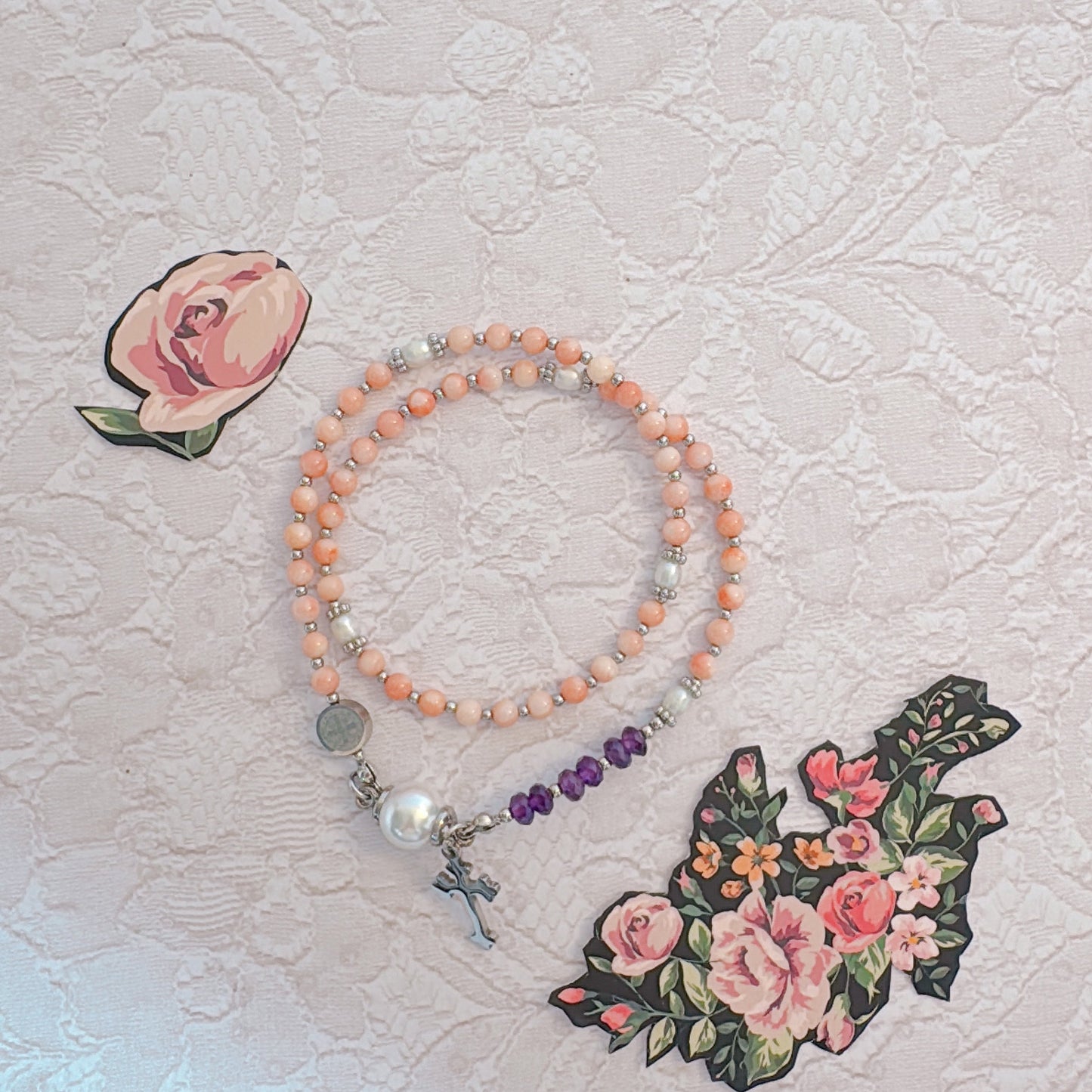 Pink Coral with Amethyst Magnetic Rosary Bracelet