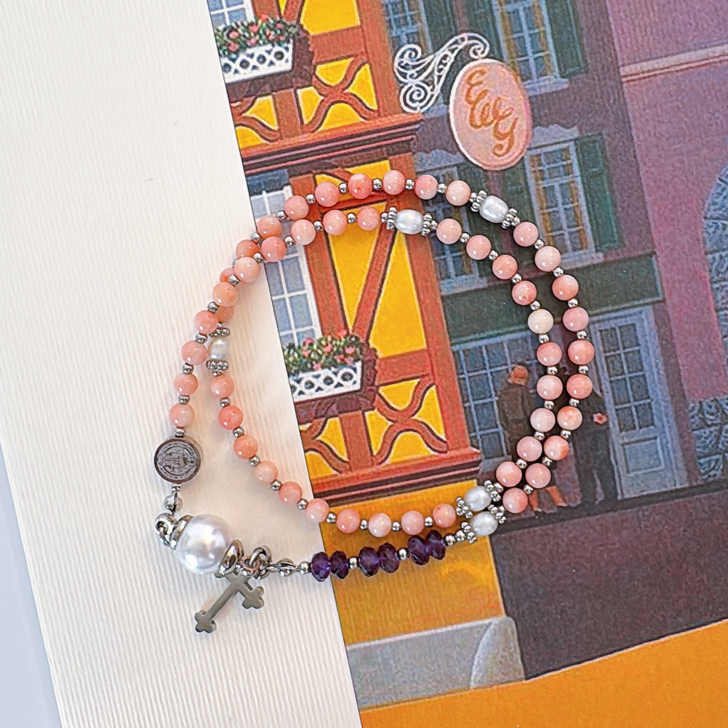 Pink Coral with Amethyst Magnetic Rosary Bracelet