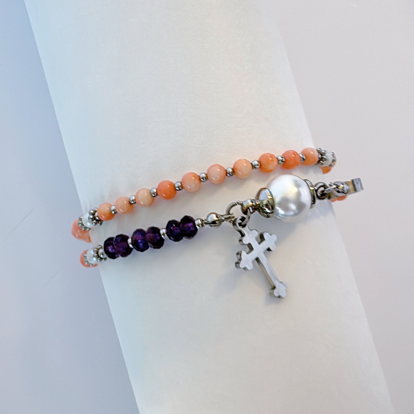 Pink Coral with Amethyst Magnetic Rosary Bracelet