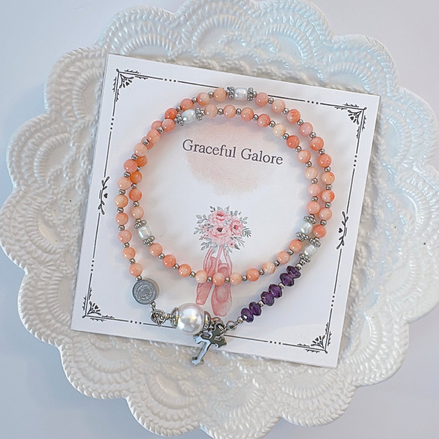 Pink Coral with Amethyst Magnetic Rosary Bracelet