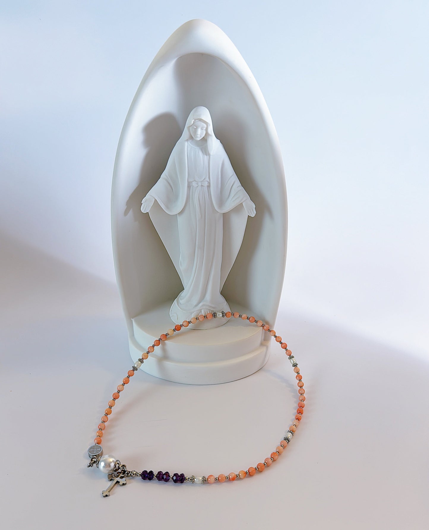 Pink Coral with Amethyst Magnetic Rosary Bracelet