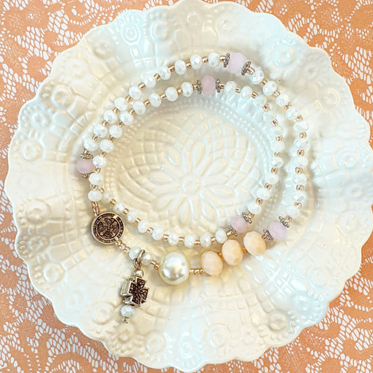 White AB Crystal with Light Peach Rosary Bracelet