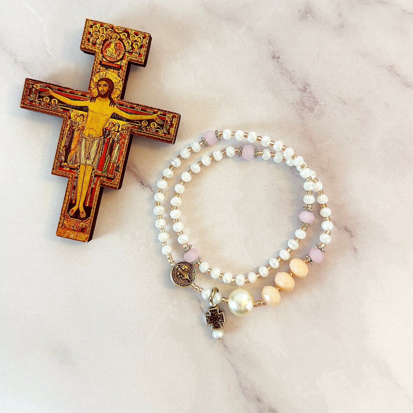 White AB Crystal with Light Peach Rosary Bracelet