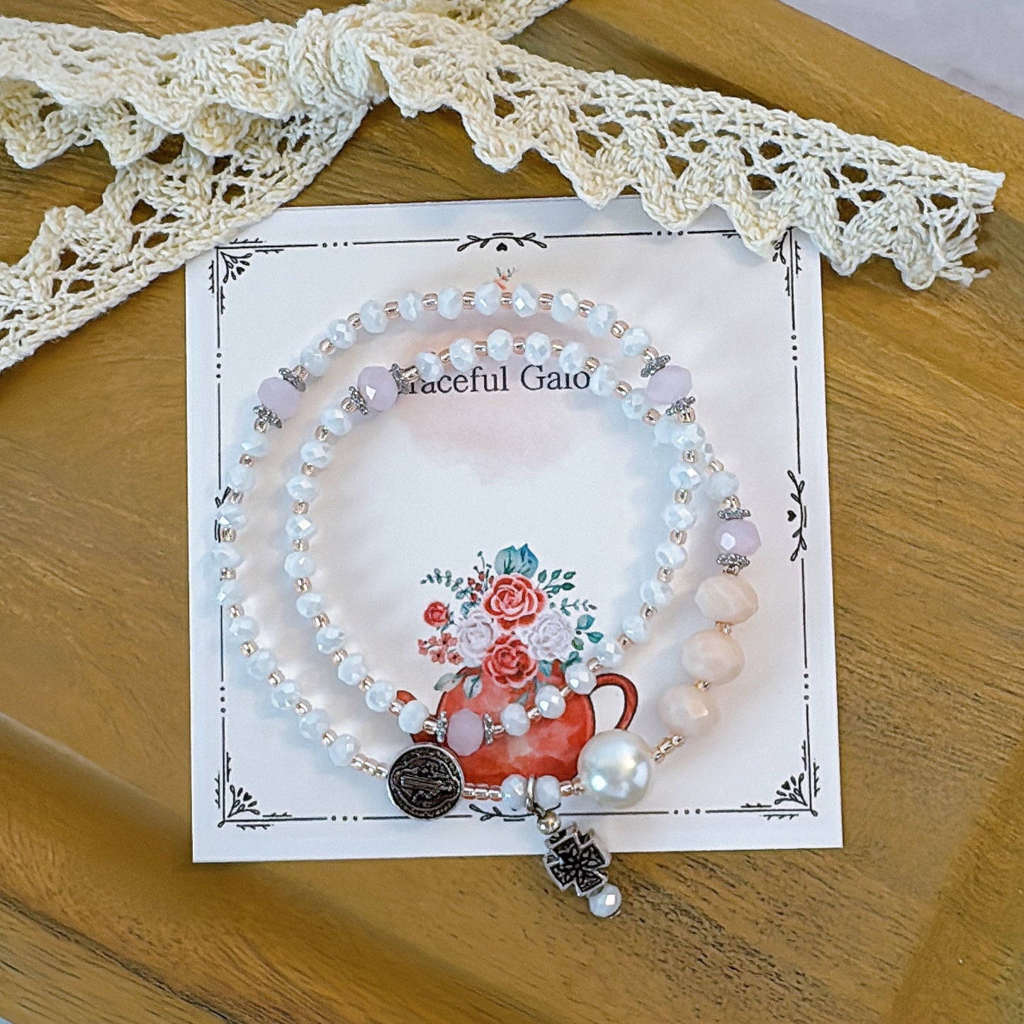 White AB Crystal with Light Peach Rosary Bracelet