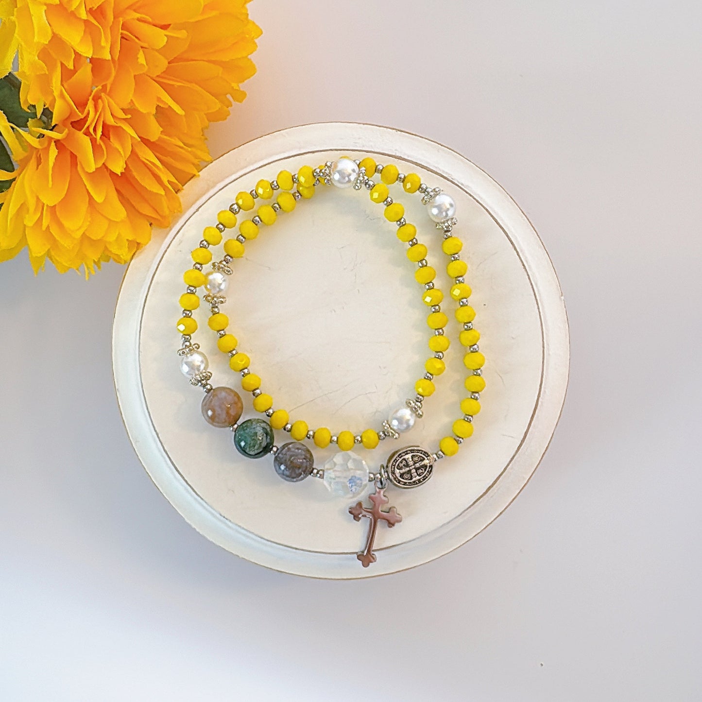 Yellow Opaque Crystal with Multi Jasper Rosary Bracelet