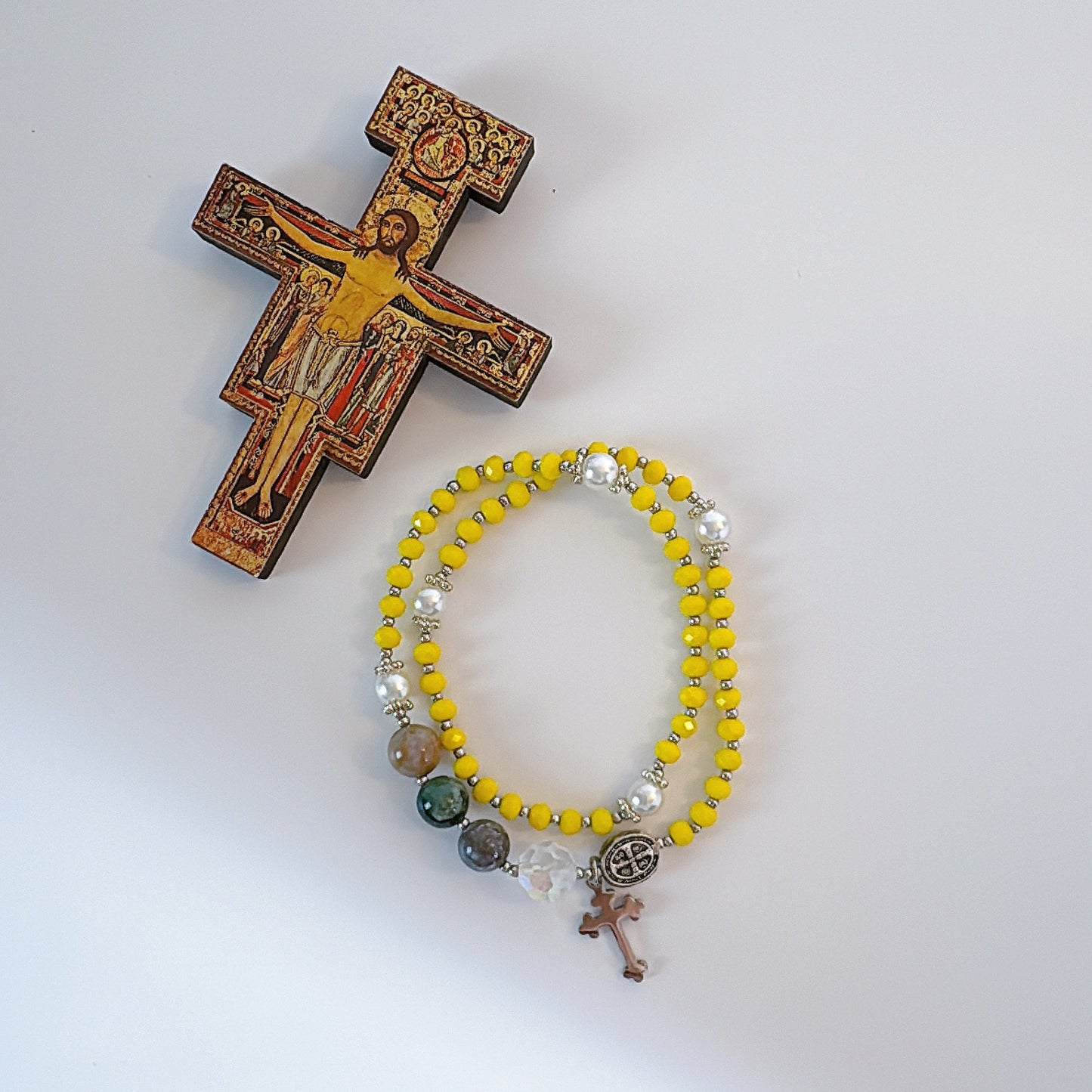 Yellow Opaque Crystal with Multi Jasper Rosary Bracelet