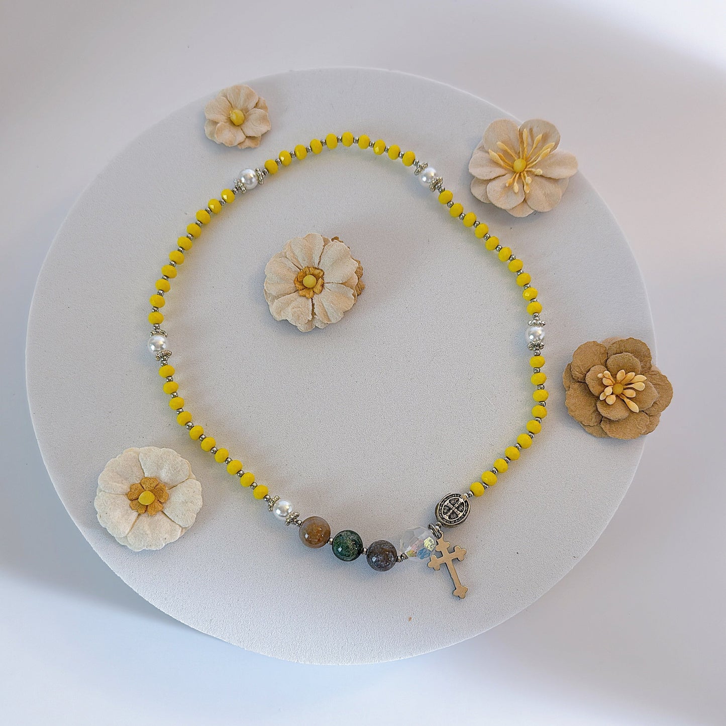 Yellow Opaque Crystal with Multi Jasper Rosary Bracelet